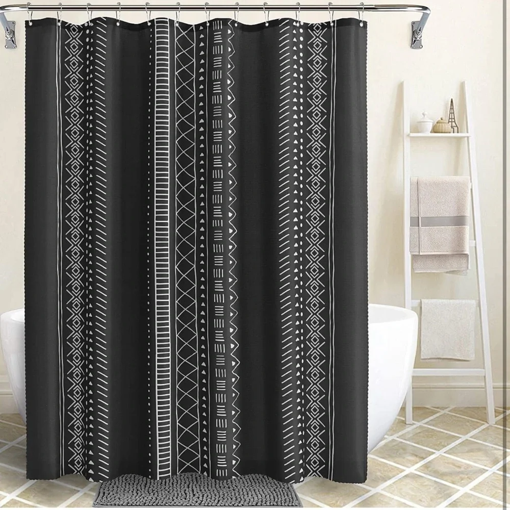 Bohemian Shower Curtain Black & White Boho Linen stripe Textured Fabric w/ Hooks